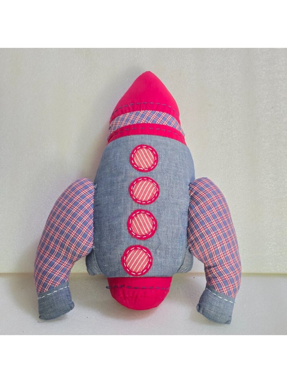 Pottery Barn Kids PBK Blue Red Plaid Spaceship Rocket Plush Stuffed‎ Pillow 15"
